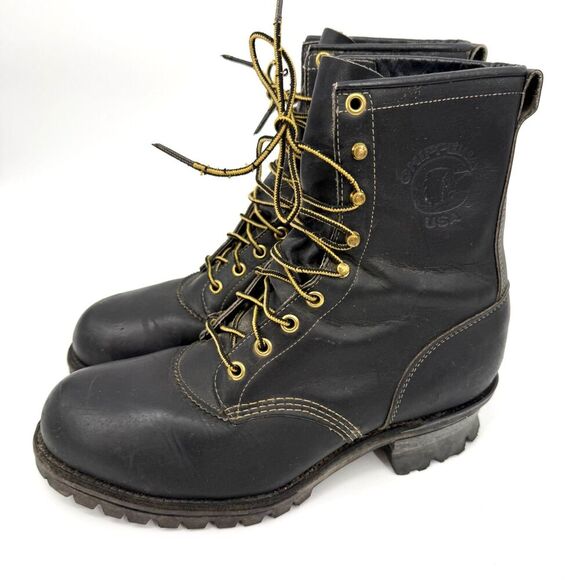Chippewa Steel Toe Logger Boots Leather Lace Up Black Vibram Men Size 8.5 E WIDE main image 8
